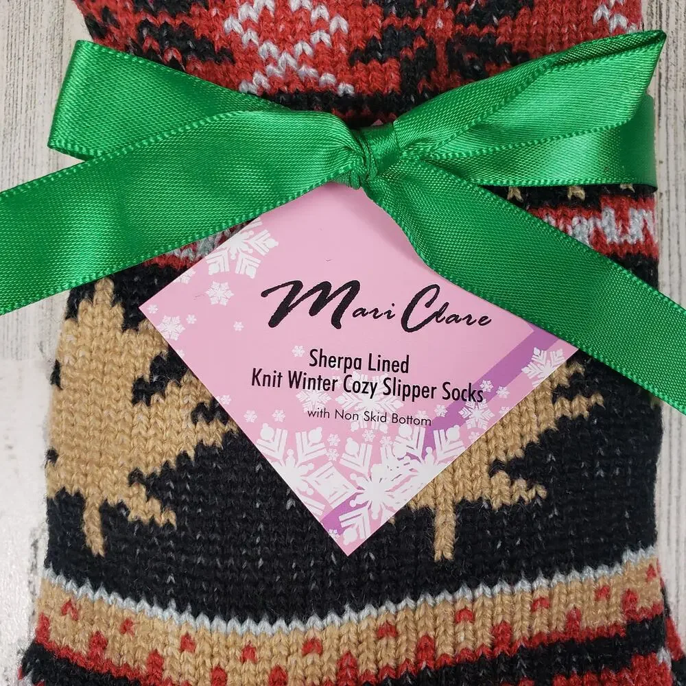 NWT Sherpa Lined Knit Winter Snowflake Leaf Design No-Slip Slipper Socks